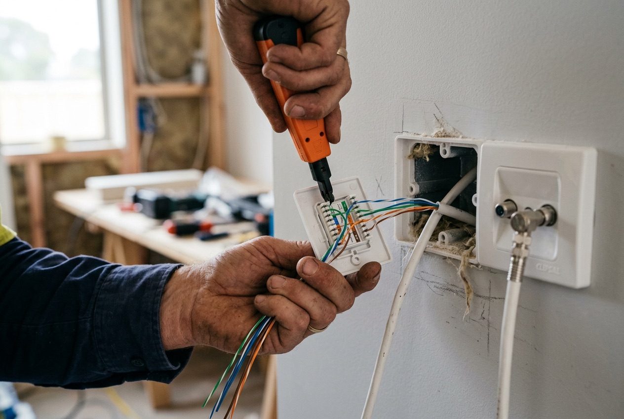 Electrician installing a digital TV antenna on a Gold Coast home